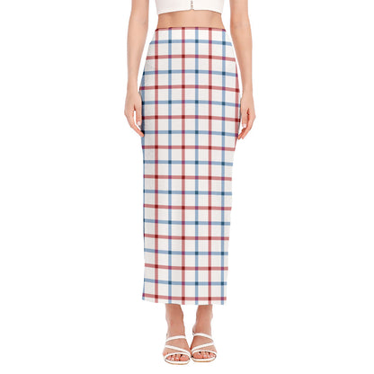 Red And Blue Tattersall Pattern Print Side Slit Maxi Skirt