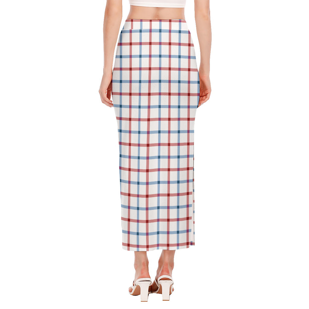 Red And Blue Tattersall Pattern Print Side Slit Maxi Skirt