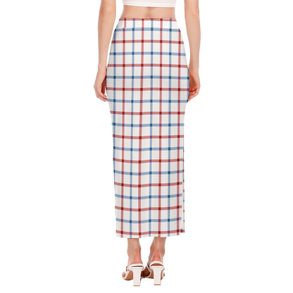 Red And Blue Tattersall Pattern Print Side Slit Maxi Skirt