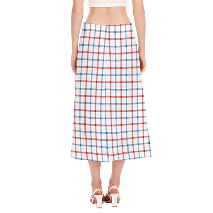 Red And Blue Tattersall Pattern Print Side Slit Midi Skirt