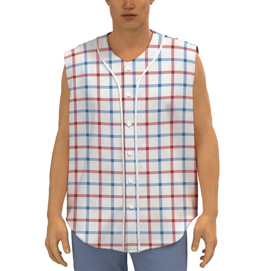 Red And Blue Tattersall Pattern Print Sleeveless Baseball Jersey