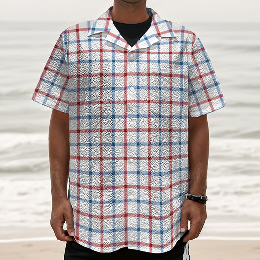 Red And Blue Tattersall Pattern Print Textured Short Sleeve Shirt