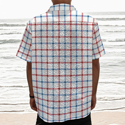 Red And Blue Tattersall Pattern Print Textured Short Sleeve Shirt