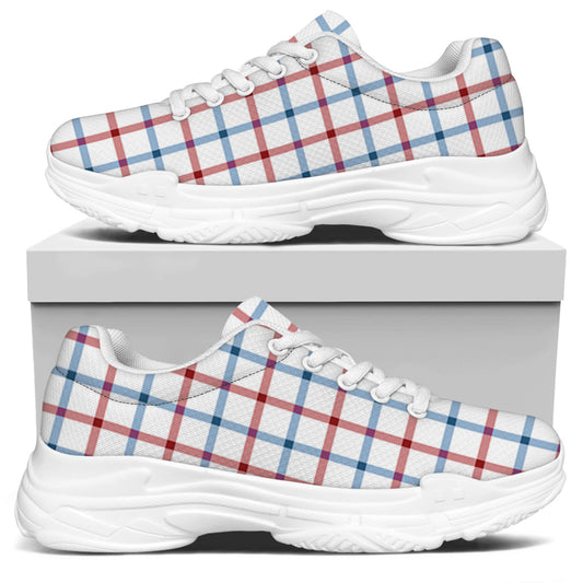 Red And Blue Tattersall Pattern Print White Chunky Shoes