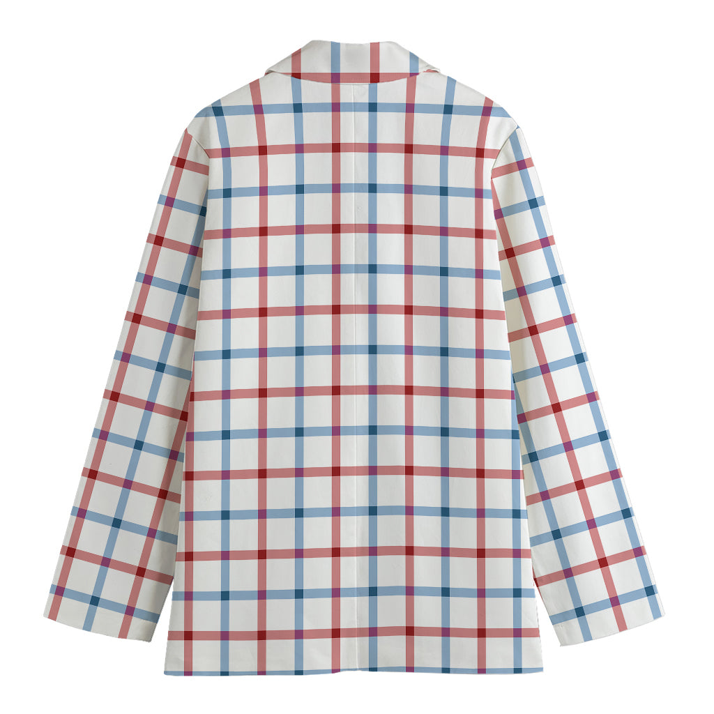 Red And Blue Tattersall Pattern Print Women's Cotton Blazer