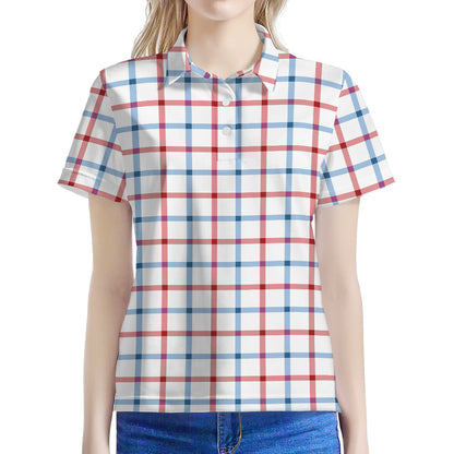 Red And Blue Tattersall Pattern Print Women's Polo Shirt