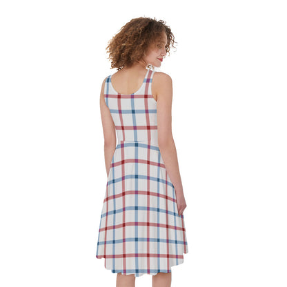 Red And Blue Tattersall Pattern Print Women's Sleeveless Dress