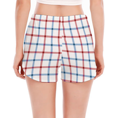 Red And Blue Tattersall Pattern Print Women's Split Running Shorts