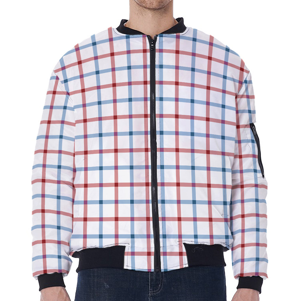 Red And Blue Tattersall Pattern Print Zip Sleeve Bomber Jacket