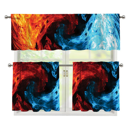 Red And Blue Twin Flame Print 3 Piece Kitchen Curtains