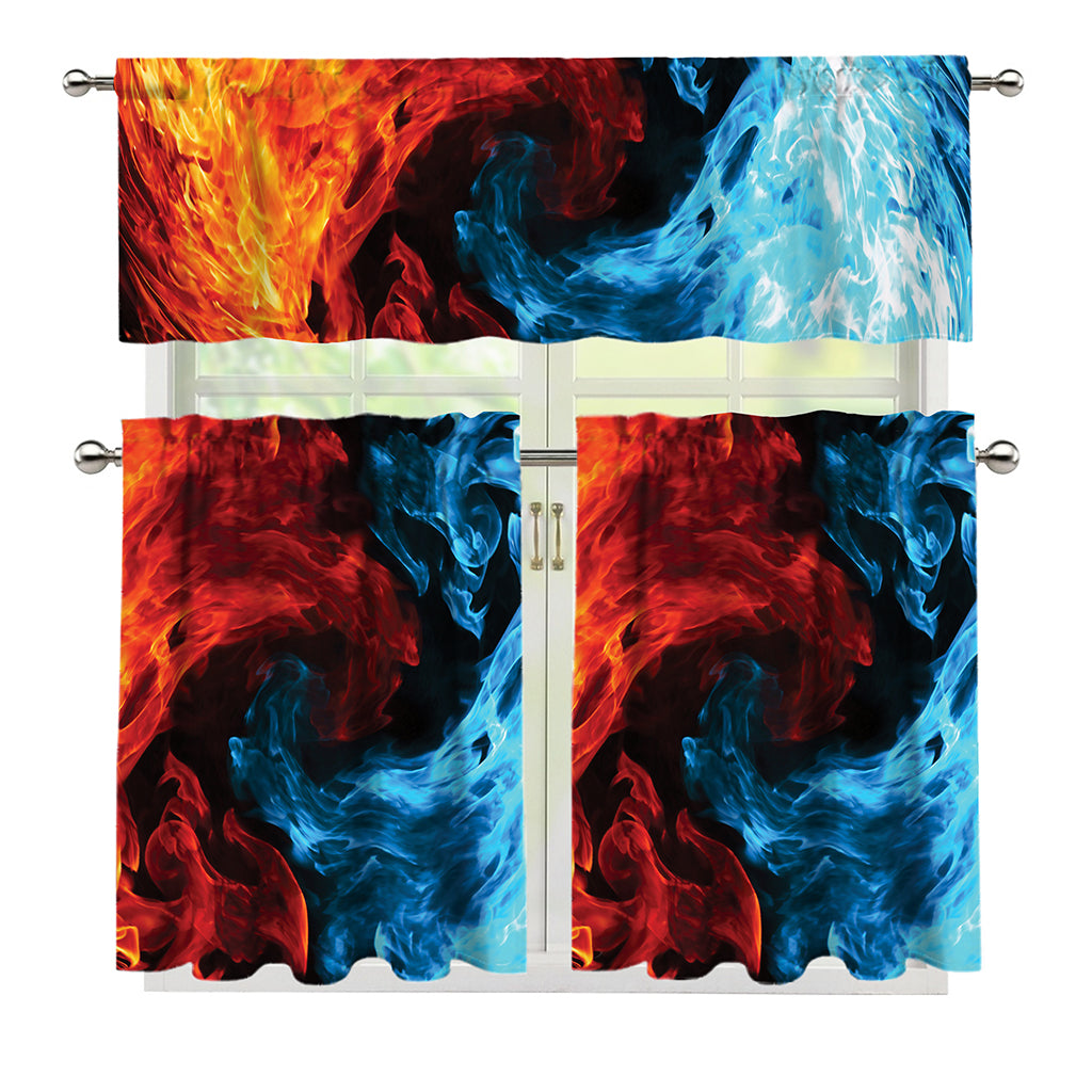 Red And Blue Twin Flame Print 3 Piece Kitchen Curtains