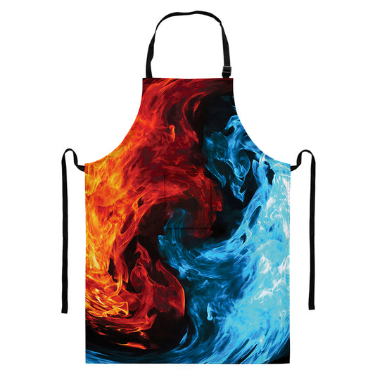 Red And Blue Twin Flame Print Bib Apron With Pocket
