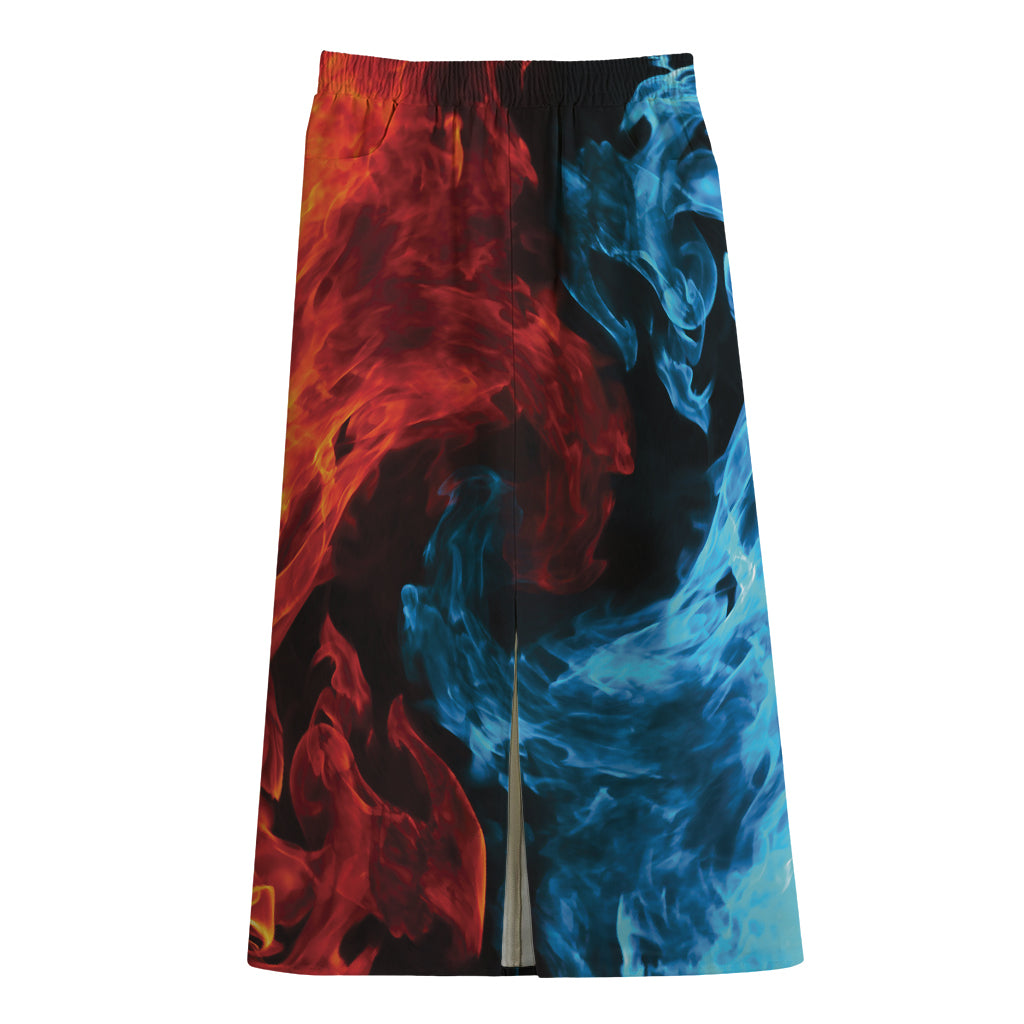 Red And Blue Twin Flame Print Cotton Front Slit Maxi Skirt