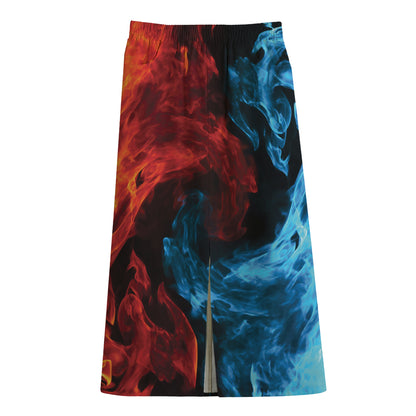 Red And Blue Twin Flame Print Cotton Front Slit Maxi Skirt