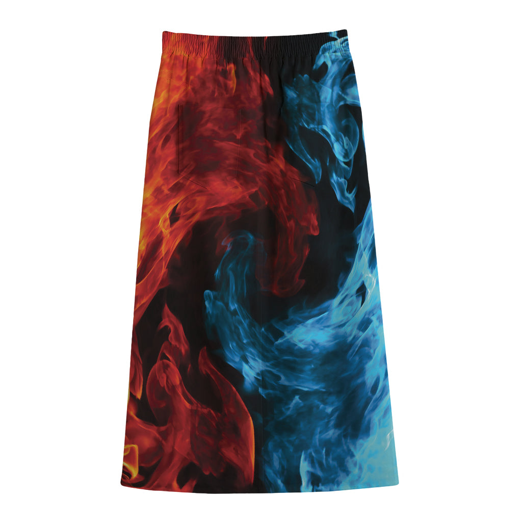 Red And Blue Twin Flame Print Cotton Front Slit Maxi Skirt