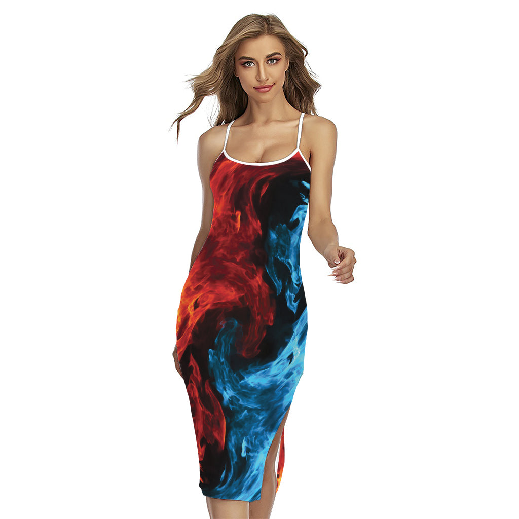 Red And Blue Twin Flame Print Cross Back Cami Dress