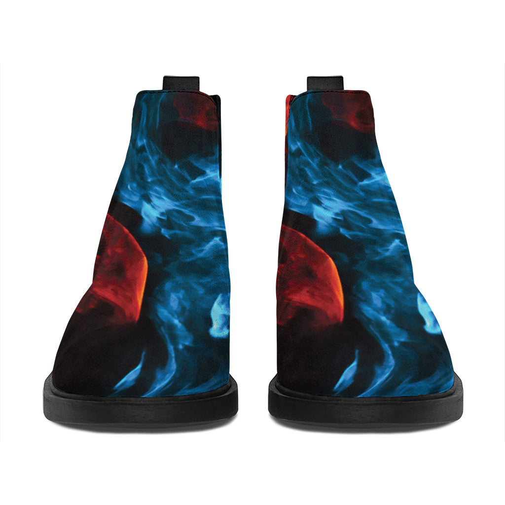 Red And Blue Twin Flame Print Flat Ankle Boots