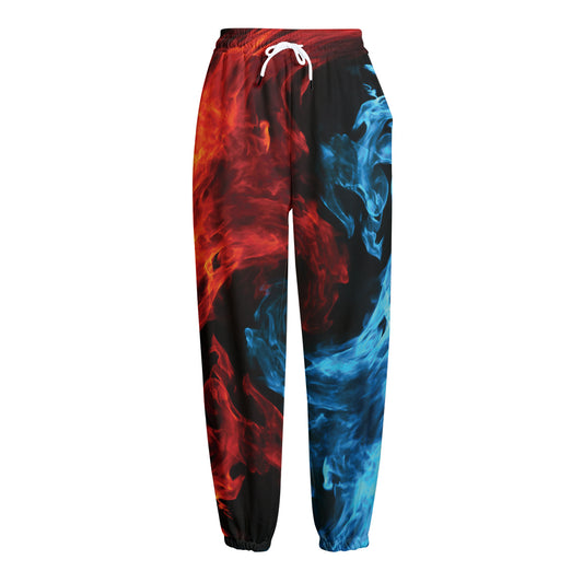 Red And Blue Twin Flame Print Fleece Lined Knit Pants