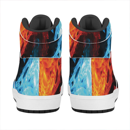 Red And Blue Twin Flame Print High Top Leather Sneakers