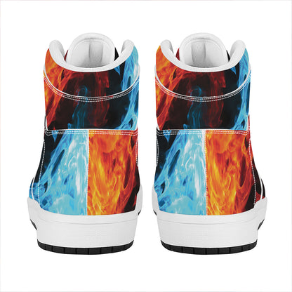 Red And Blue Twin Flame Print High Top Leather Sneakers