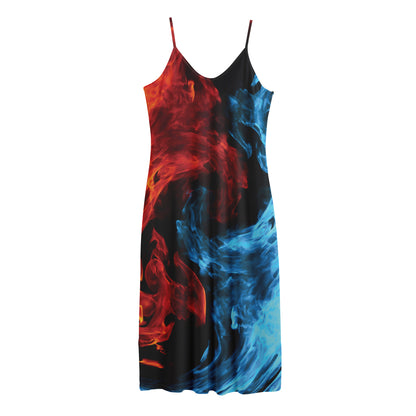 Red And Blue Twin Flame Print Jersey Midi Cami Dress