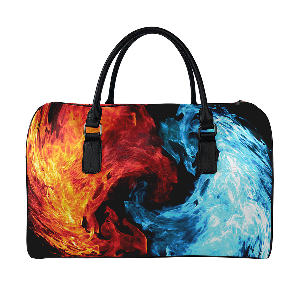 Red And Blue Twin Flame Print Leather Duffle Bag