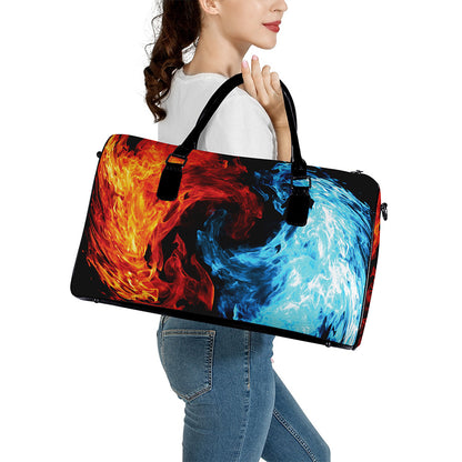 Red And Blue Twin Flame Print Leather Duffle Bag