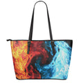 Red And Blue Twin Flame Print Leather Tote Bag With Zipper