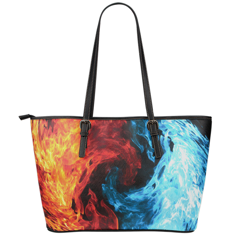 Red And Blue Twin Flame Print Leather Tote Bag