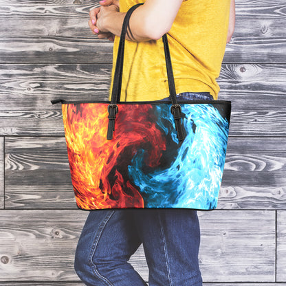 Red And Blue Twin Flame Print Leather Tote Bag