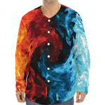 Red And Blue Twin Flame Print Long Sleeve Baseball Jersey
