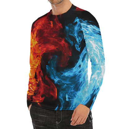 Red And Blue Twin Flame Print Men's Long Sleeve Rash Guard