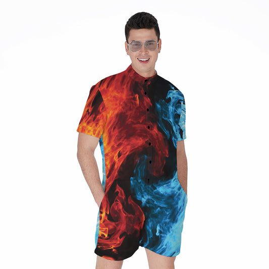 Red And Blue Twin Flame Print Men's Rompers