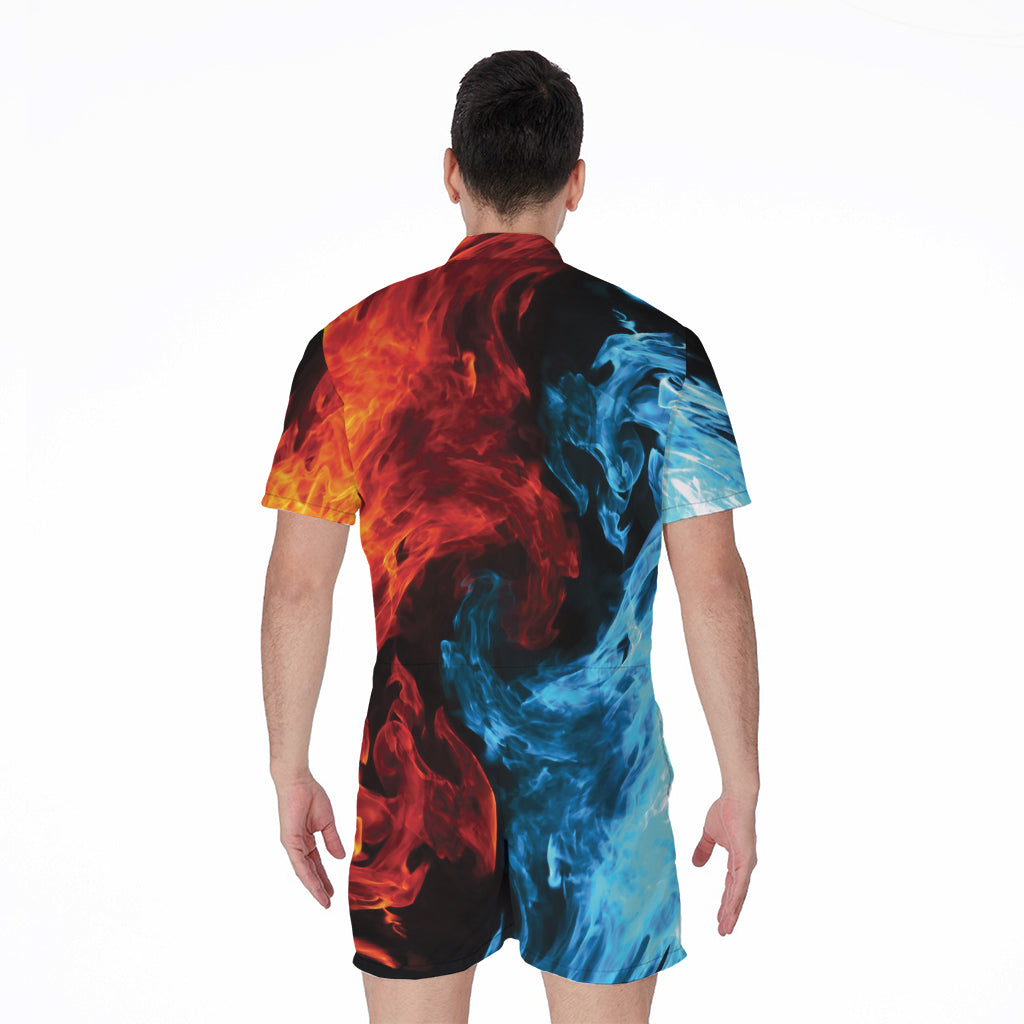 Red And Blue Twin Flame Print Men's Rompers