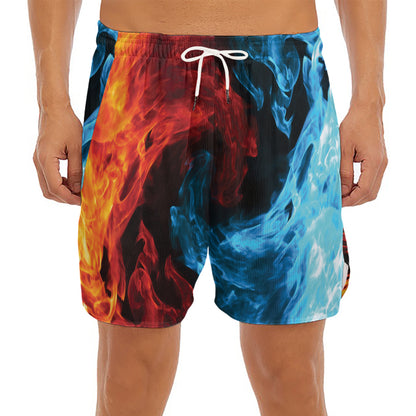Red And Blue Twin Flame Print Men's Split Running Shorts