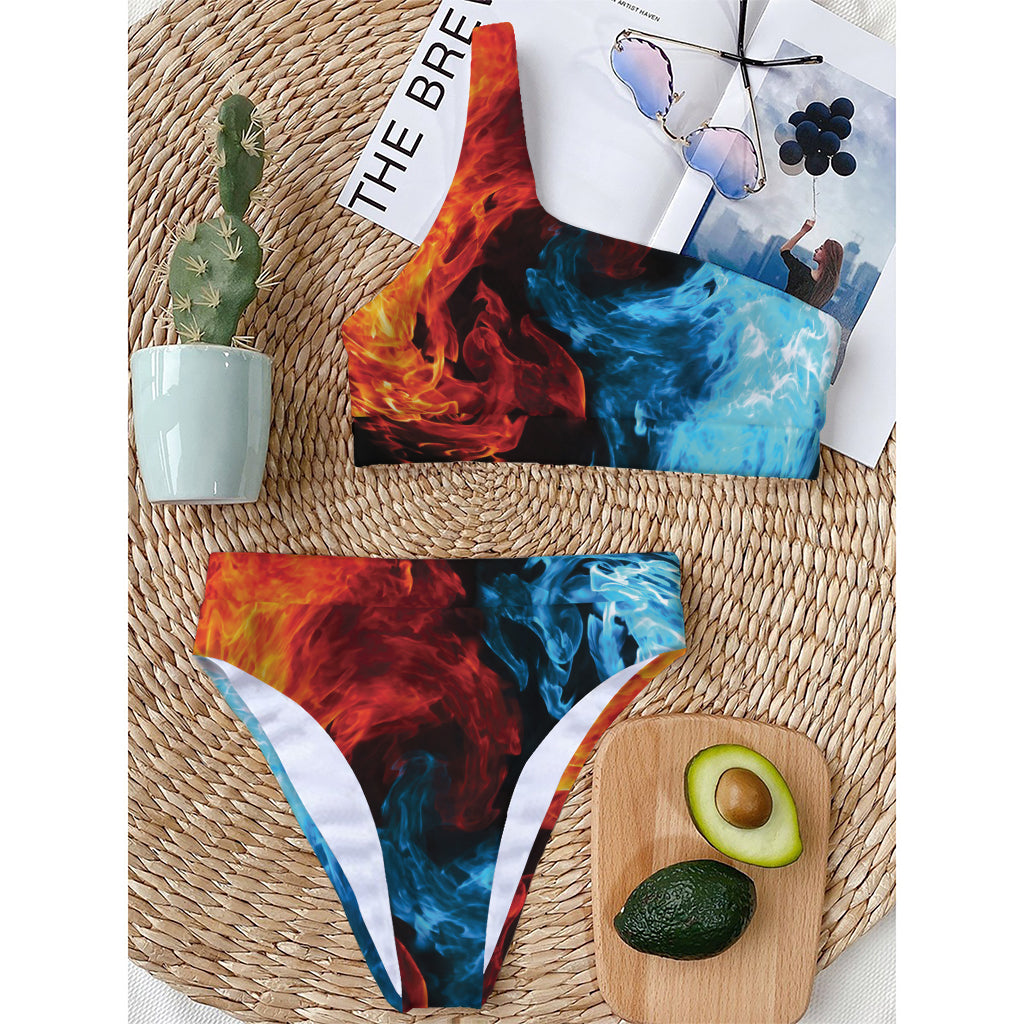 Red And Blue Twin Flame Print One Shoulder Bikini Top