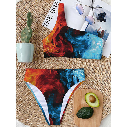Red And Blue Twin Flame Print One Shoulder Bikini Top