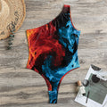 Red And Blue Twin Flame Print One Shoulder Bodysuit