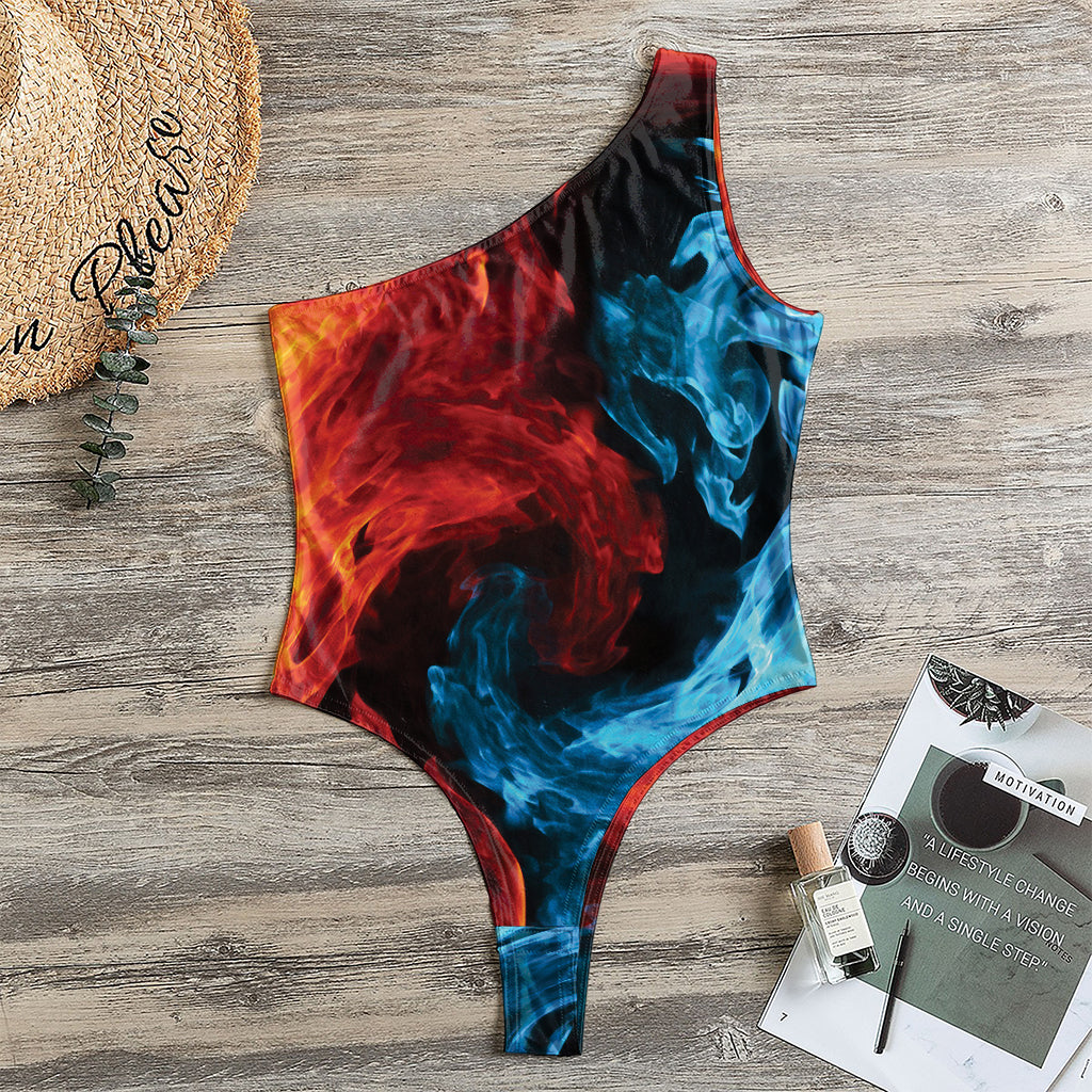 Red And Blue Twin Flame Print One Shoulder Bodysuit