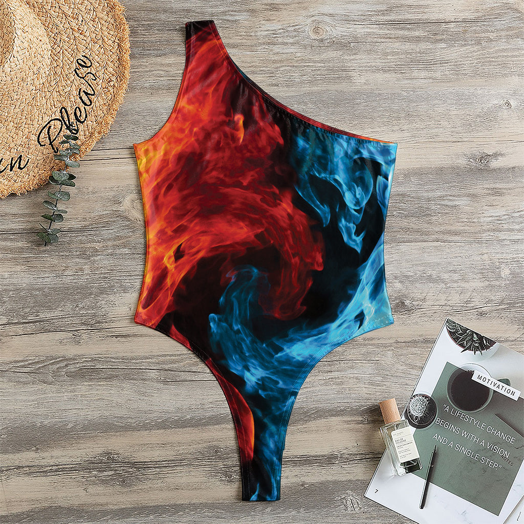 Red And Blue Twin Flame Print One Shoulder Bodysuit