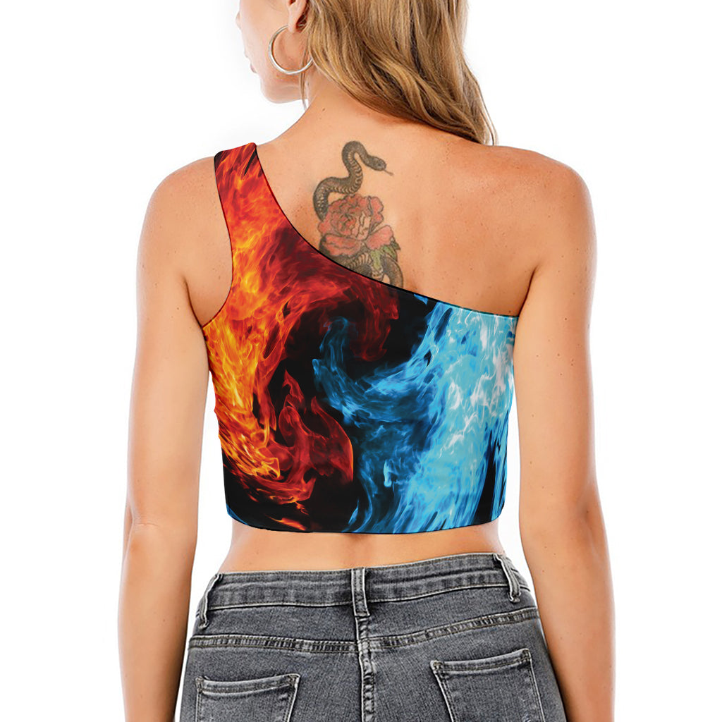 Red And Blue Twin Flame Print One Shoulder Crop Top