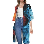 Red And Blue Twin Flame Print Open Front Beach Cover Up