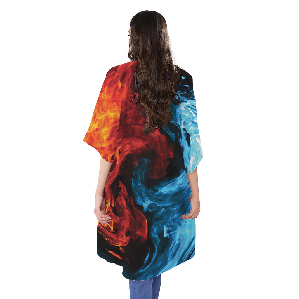 Red And Blue Twin Flame Print Open Front Beach Cover Up