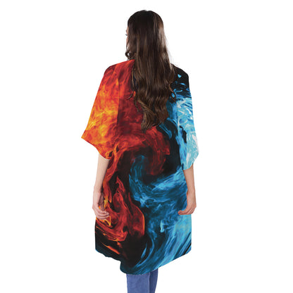 Red And Blue Twin Flame Print Open Front Beach Cover Up