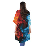 Red And Blue Twin Flame Print Open Front Beach Cover Up