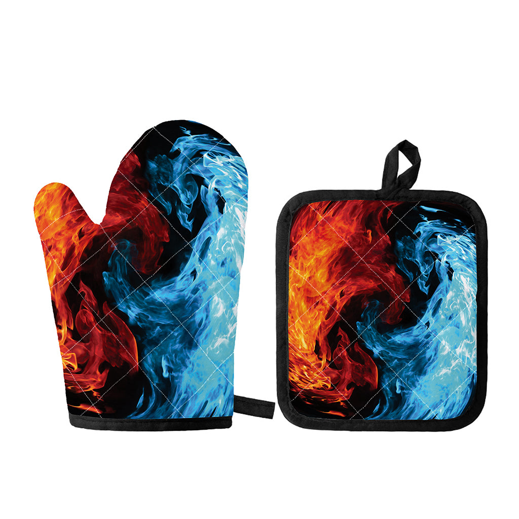 Red And Blue Twin Flame Print Oven Mitt And Pot Holder Set