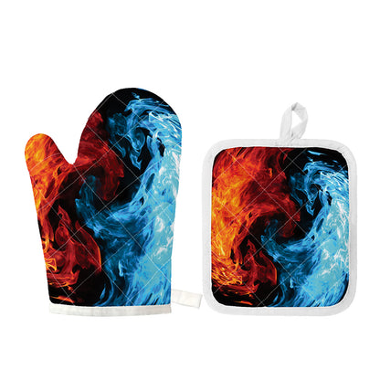 Red And Blue Twin Flame Print Oven Mitt And Pot Holder Set
