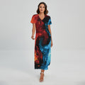 Red And Blue Twin Flame Print Short Sleeve Maxi Dress