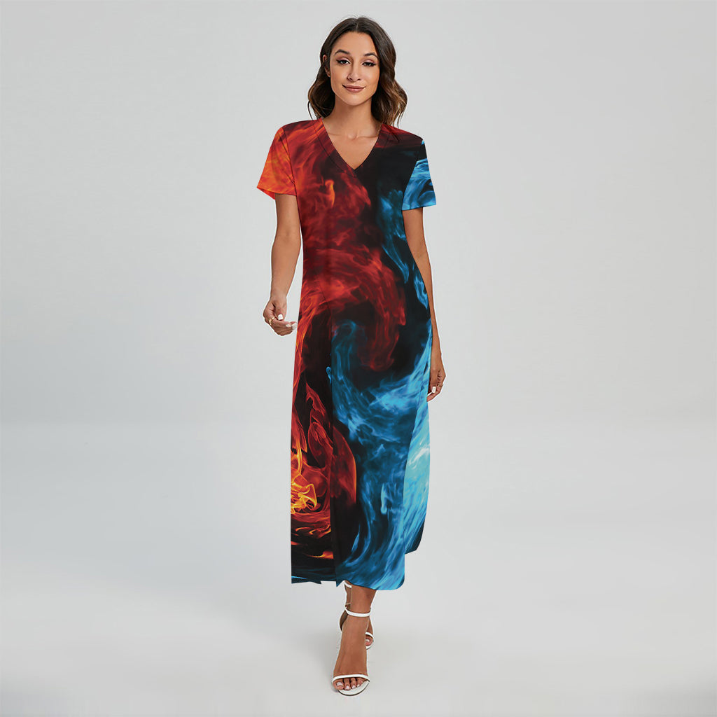 Red And Blue Twin Flame Print Short Sleeve Maxi Dress