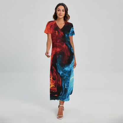 Red And Blue Twin Flame Print Short Sleeve Maxi Dress